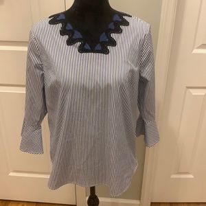 NWOT Talbots Embroidered Neckline Pinstripe Bell Sleeve Blouse- Size M